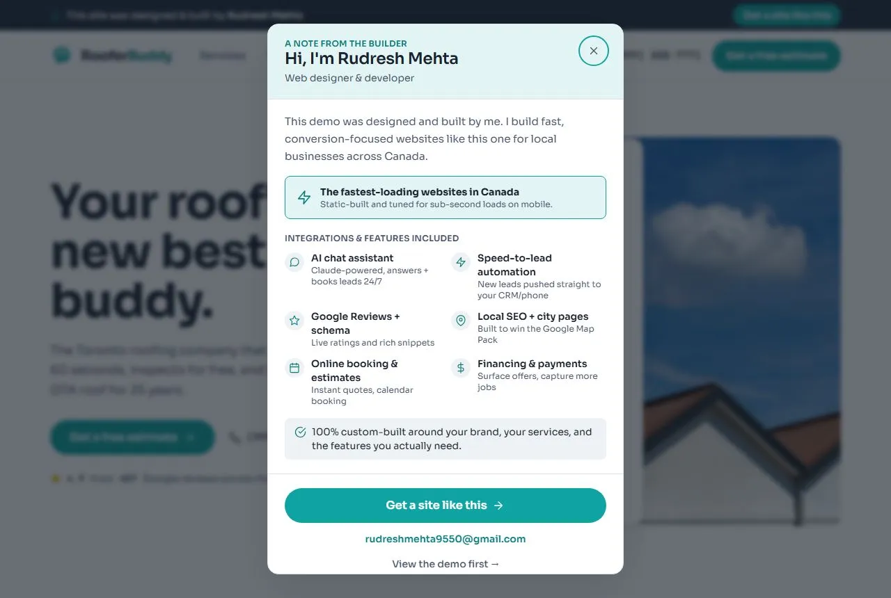 The RooferBuddy website, a fast roofing-company site built by Ovalis Tech